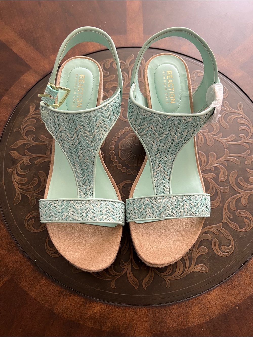 Kenneth Cole Reaction Mint Braided T-Strap Wedge Sandals with Gold Buckle